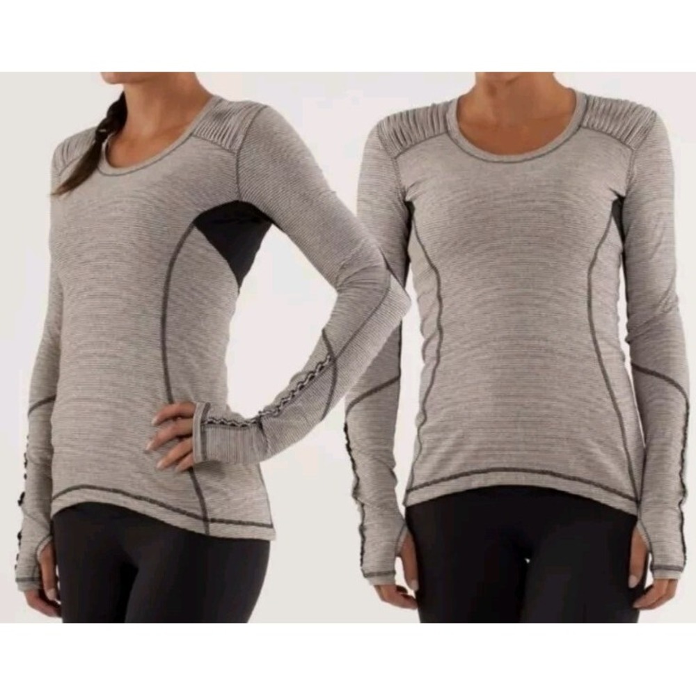 Rare Lululemon Women's 4 Star Runner LS Shirt Cashew Tonka Stripe Black Grey